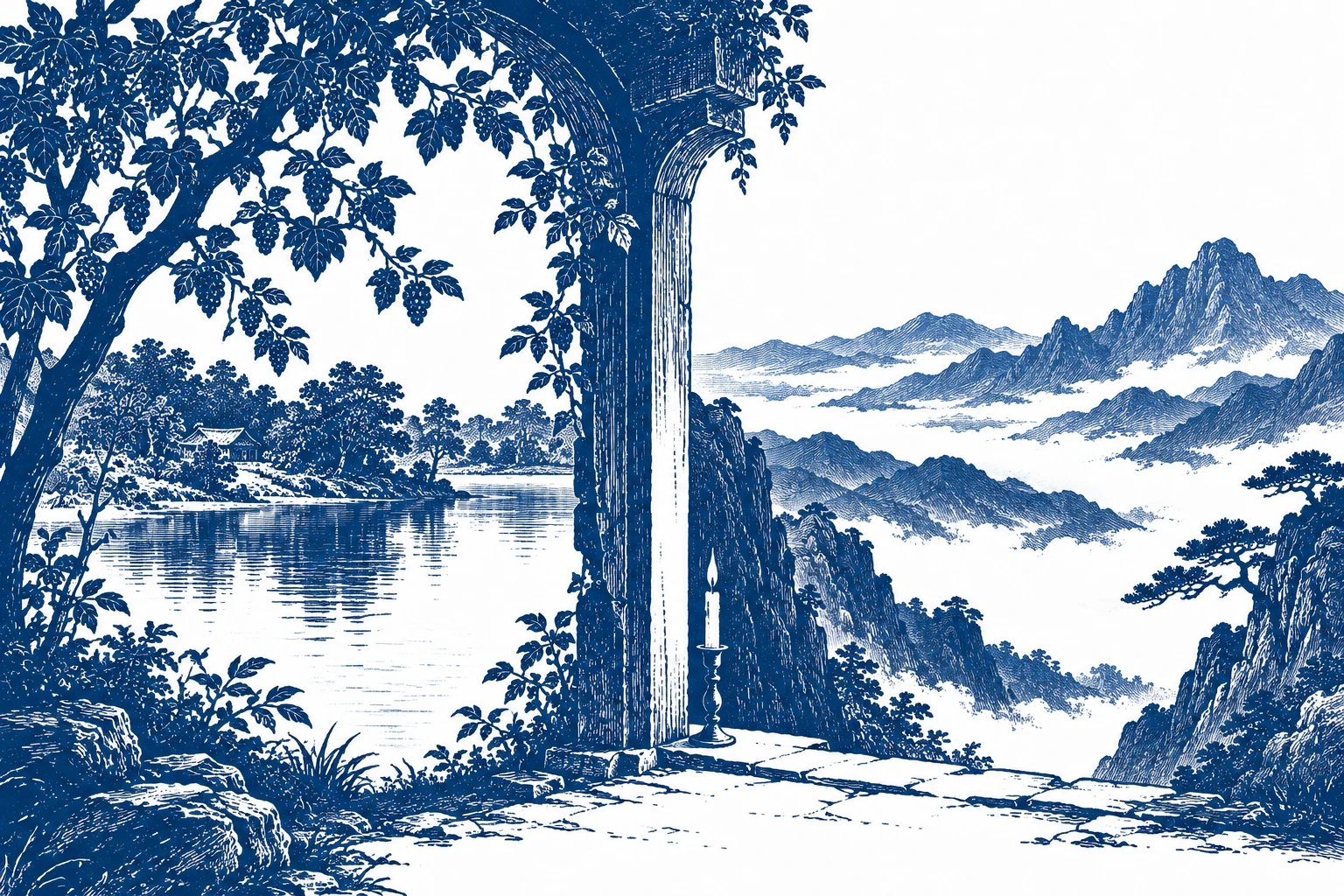 A candlelit doorway separates a sheltered lake from rugged mountain ridges