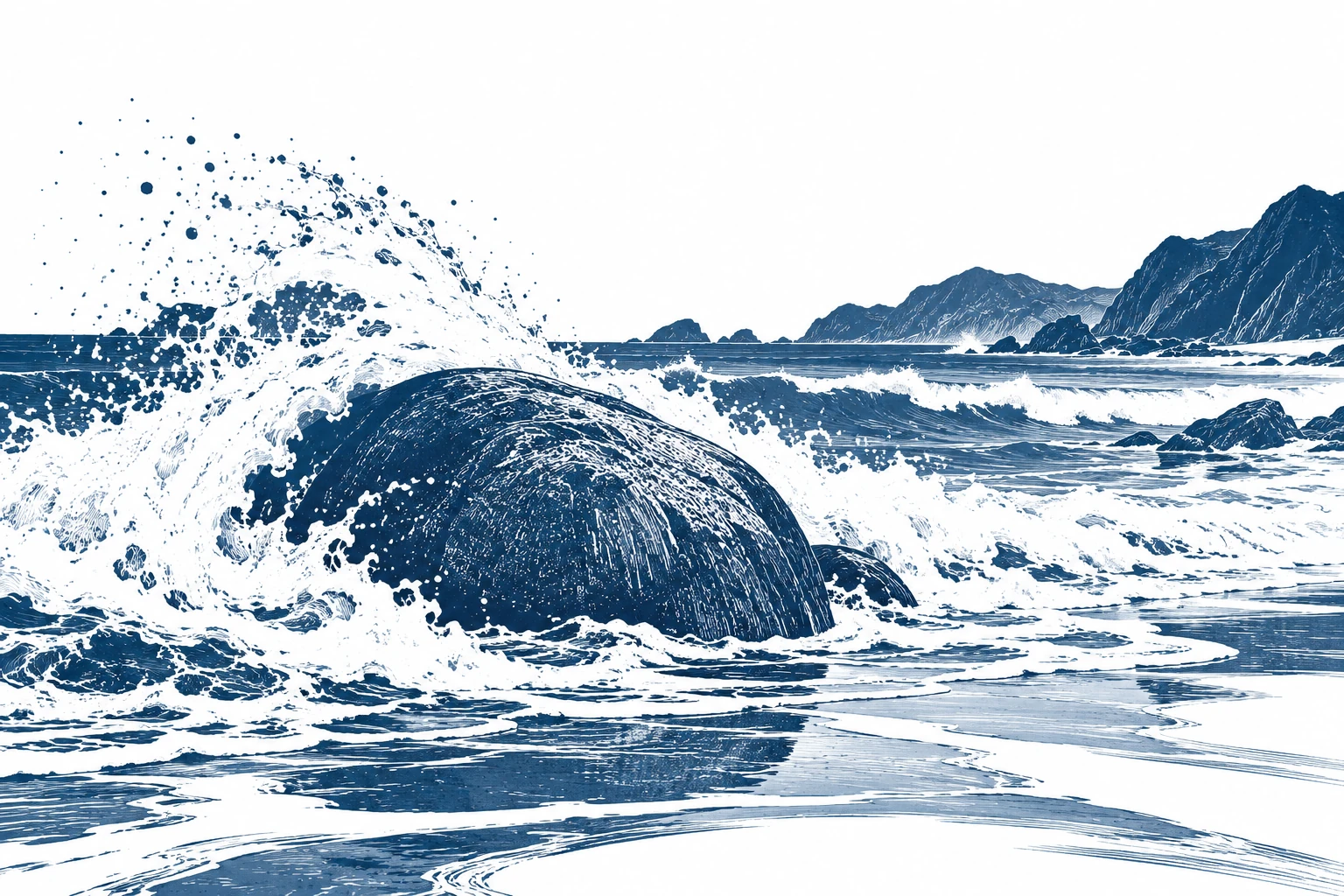 White surf breaking against an old blue boulder embedded in wet sand