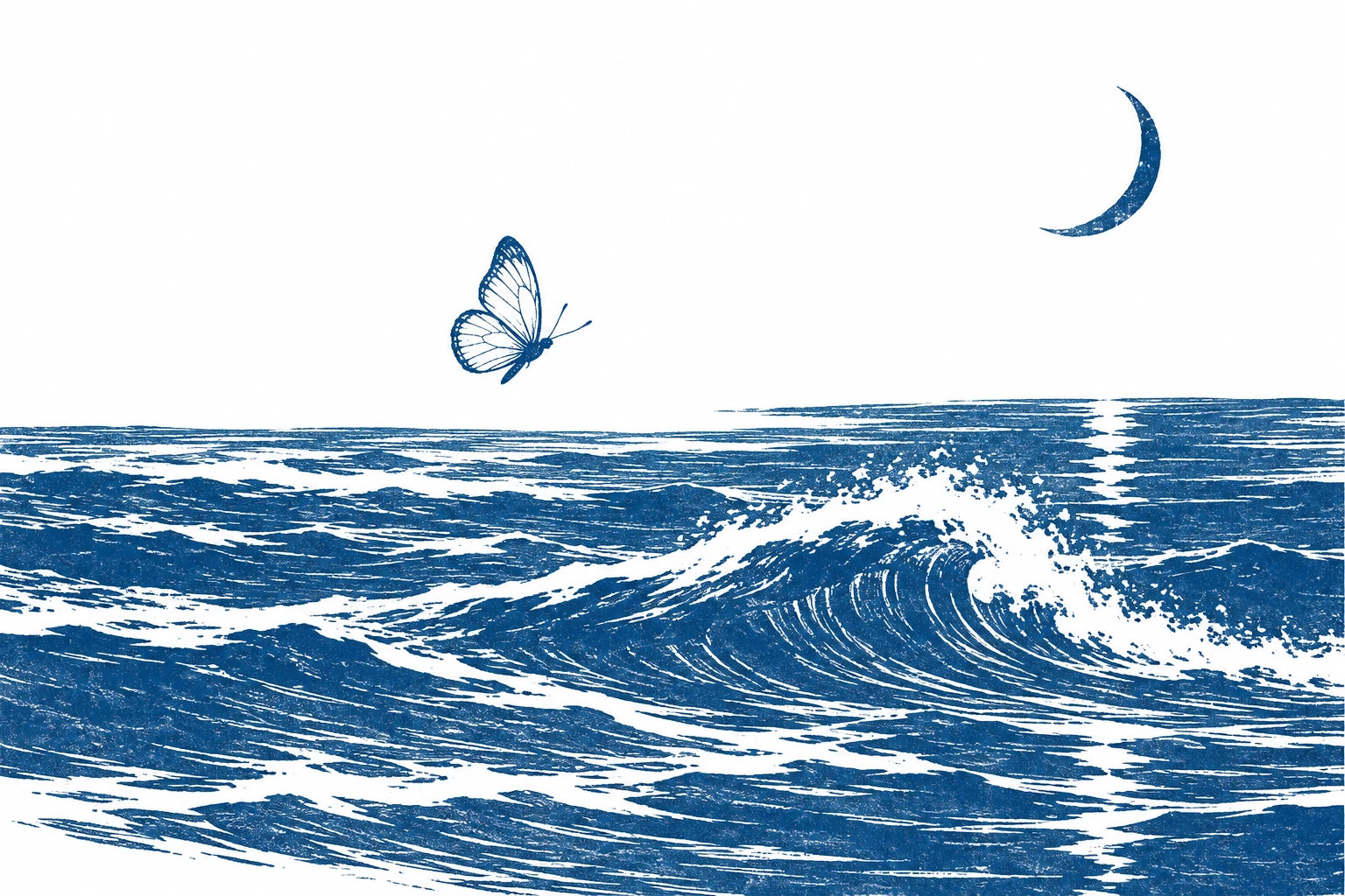 A white butterfly above a curling blue March sea beneath a crescent moon