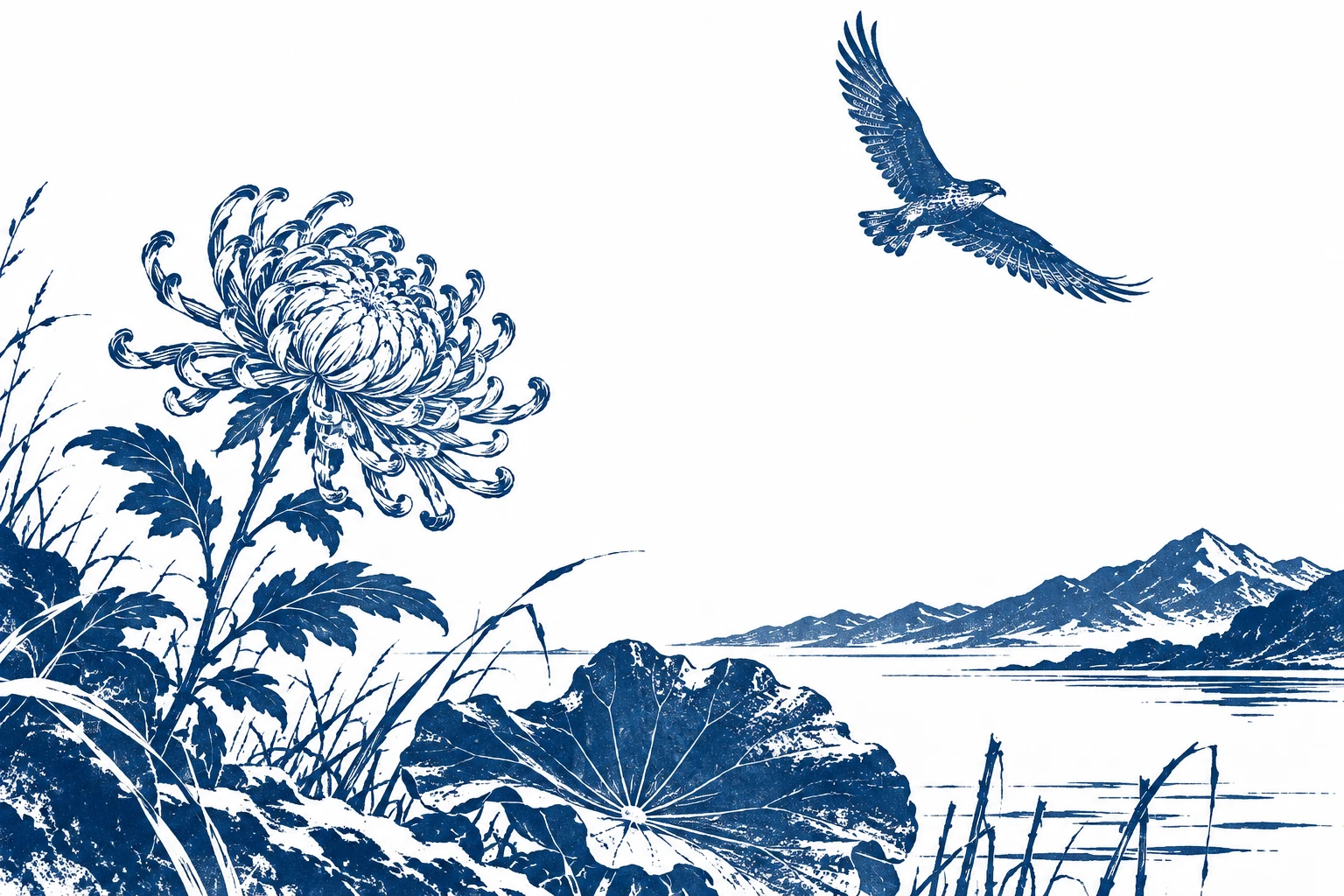 A frost-touched chrysanthemum and lotus leaf below a bird crossing the winter sky