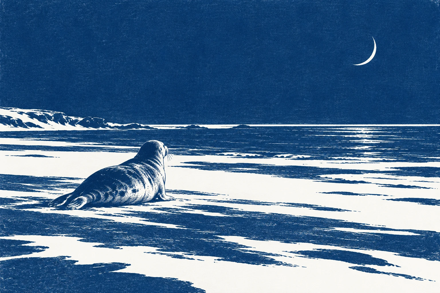 A solitary seal on a wide blue beach beneath a cold crescent moon