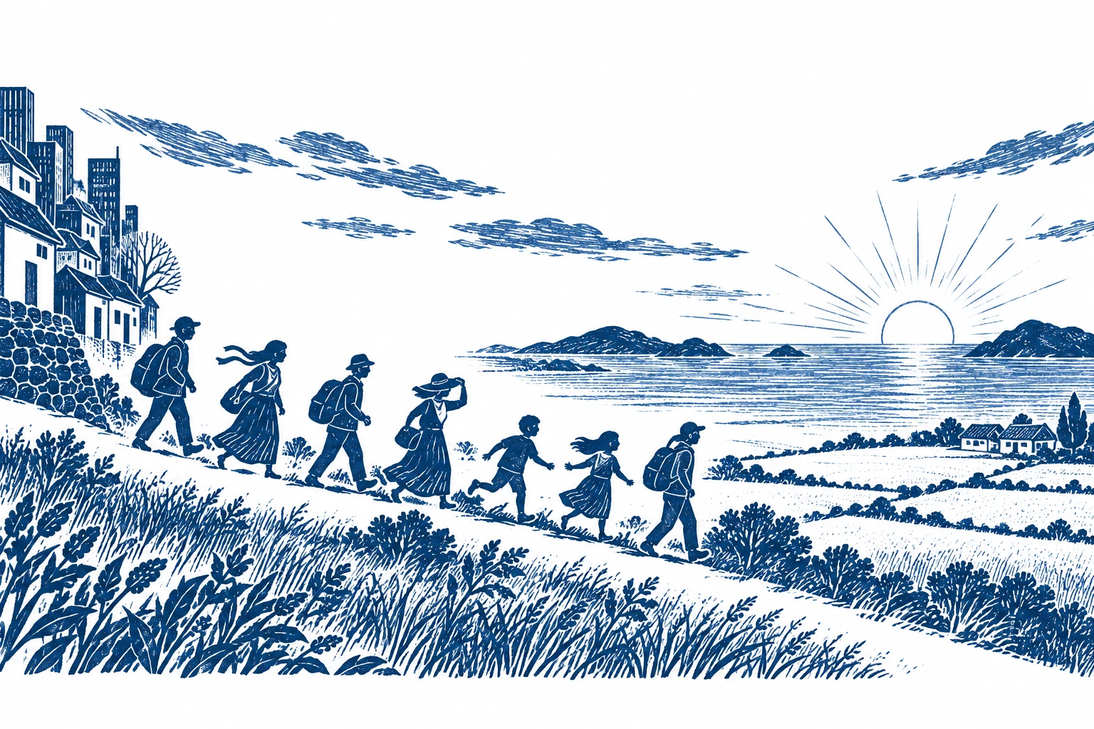 A rhythmic procession leaving town for open fields and the sea