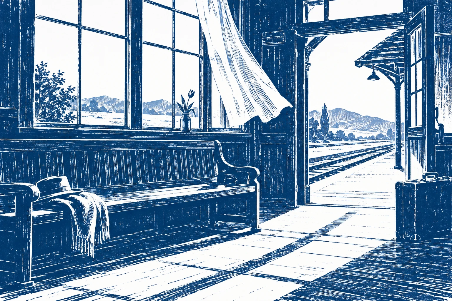 A bright railway waiting room with a wooden bench, tulip and wind-lifted curtain