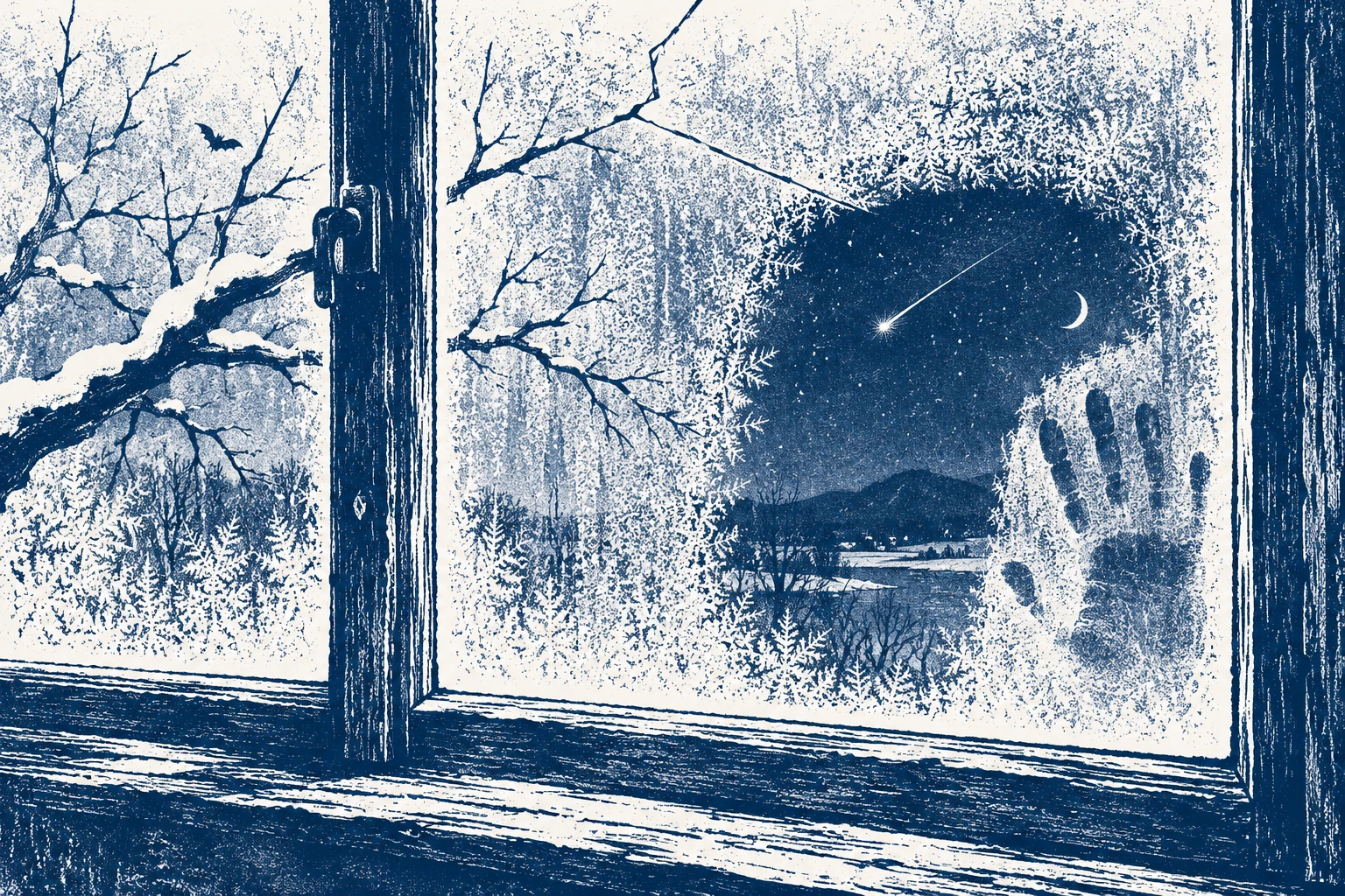 A breath-cleared patch in a frosted window opens onto a starry winter night