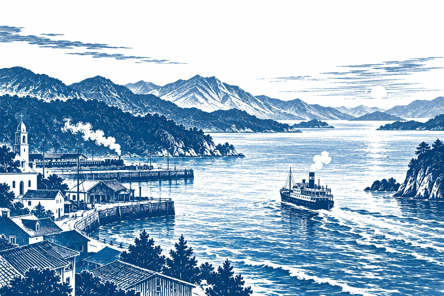 A steamship leaving a blue mountain harbor as a waterfront town wakes